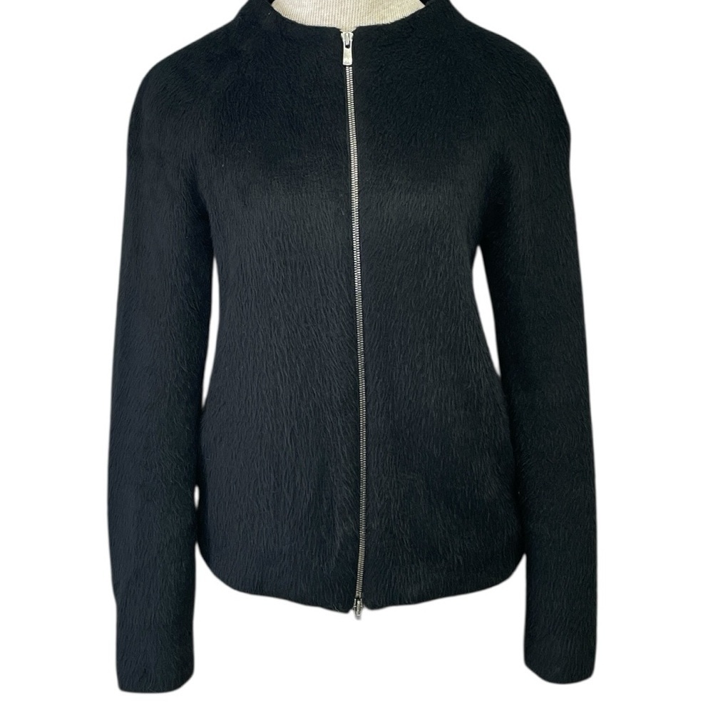 THEORY Fuzzy Bomber Jacket Black Zip Wool Blend Front Size Small